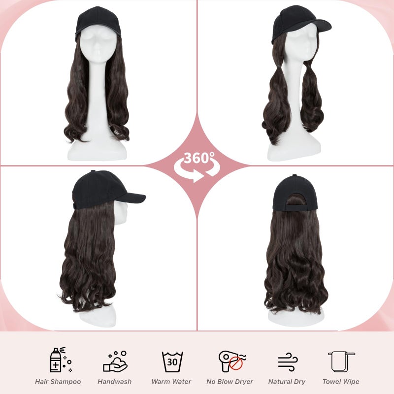SEGO Hat Wig, Hat with Hair Attached for Women Black Baseball Cap with Hair Extensions, Long Wavy Baseball Cap Wig Adjustable Hats for Daily Party 16 Inch #4A Black Brown - Image 5